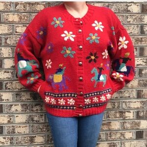 Express Vintage Chunky Knit Boho Cardigan- Elephants Flowers- Silver Buttons-